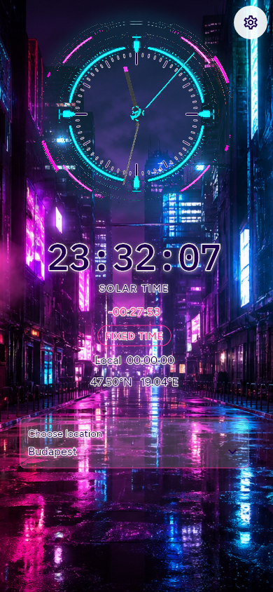 Illusztratív Cyberpunk skin, rögzített budapesti tesztidővel: 23:32:07